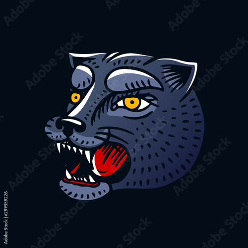 Panther head in vintage style for tattoo. Animal print. Retro Tokyo-Japan old school sketch. Hand drawn engraved retro illustration for tattoo, t-shirt and logo or badge.