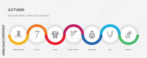 7 filled icon set with colorful infographic template included rowan, rye, raincoat, rosa canina, cloak, scythe, rubber roots icons