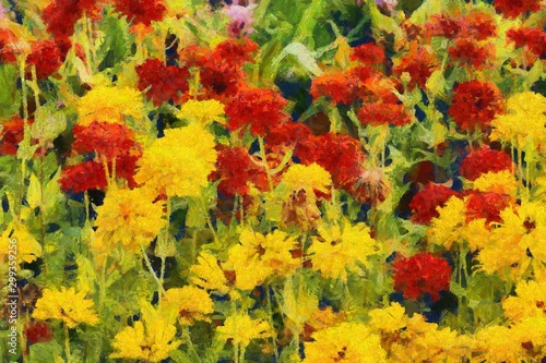 Colorful flower fields Illustrations creates an impressionist style of painting.