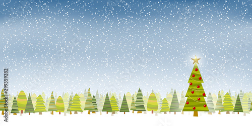 christmas tree with blue snow fall background