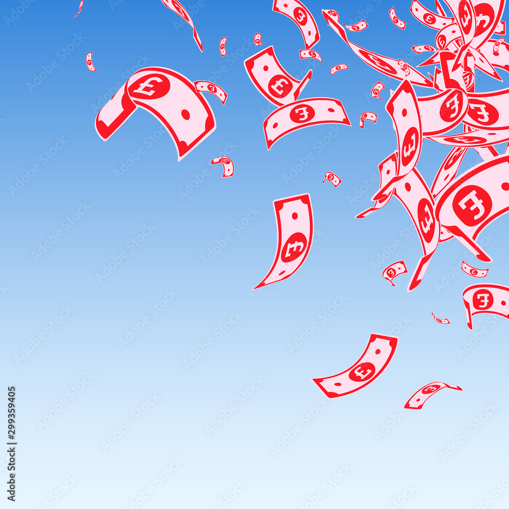 Fototapeta premium British pound notes falling. Messy GBP bills on bl