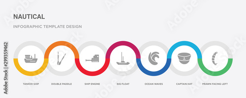 7 filled icon set with colorful infographic template included prawn facing left, captain hat, ocean waves, big float, ship engine, double paddle, tanker ship icons