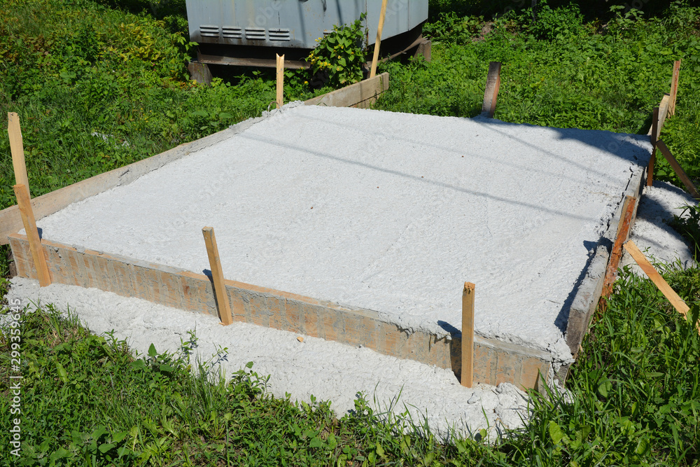 Slabongrade foundation on construction site. Monolithic slabs are