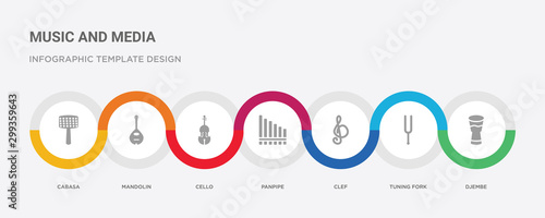 7 filled icon set with colorful infographic template included djembe, tuning fork, clef, panpipe, cello, mandolin, cabasa icons