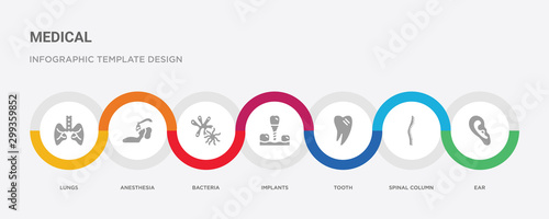 7 filled icon set with colorful infographic template included ear, spinal column, tooth, implants, bacteria, anesthesia, lungs icons