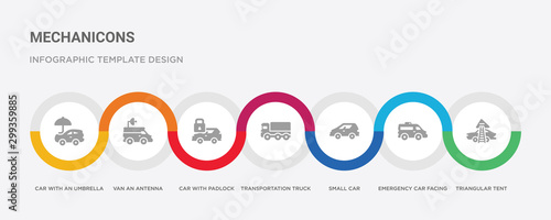 7 filled icon set with colorful infographic template included triangular tent, emergency car facing right, small car, transportation truck, car with padlock, van an antenna, with an umbrella icons