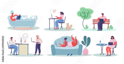 People using laptop computers, vector flat isolated illustration