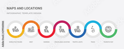 7 filled icon set with colorful infographic template included touristic map, track, traffic lights, unavailable location, warning, west, world map folded icons photo