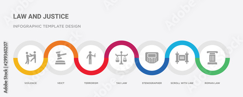 7 filled icon set with colorful infographic template included roman law, scroll with law, stenographer, tax law, terrorism, veict, violence icons