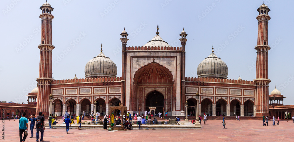 Panoramic outside view on Masjid e Jahan Numa, commonly known as Jama Masjid, largest Mosque Old Delhi, India, Asia.