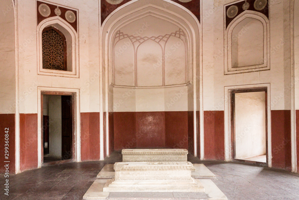 View on two Cenotaphs in a side room inside main Building of Humayun's Tomb Complex. Delhi, India, Asia.