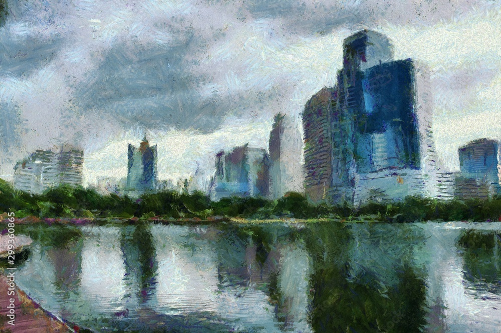The landscape of tall buildings and water Illustrations creates an impressionist style of painting. The landscape of tall buildings and water Illustrations creates an impressionist style of painting.