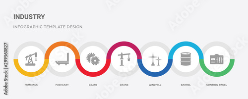 7 filled icon set with colorful infographic template included control panel, barrel, windmill, crane, gears, pushcart, pumpjack icons