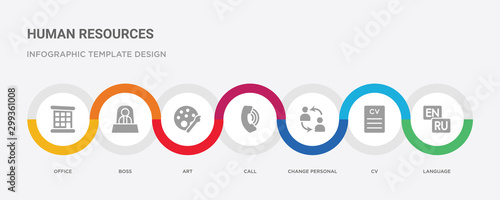 7 filled icon set with colorful infographic template included language, cv, change personal, call, art, boss, office icons