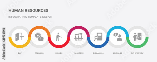 7 filled icon set with colorful infographic template included exit interview, grievance, onboarding, work team, pension, problems, quit icons
