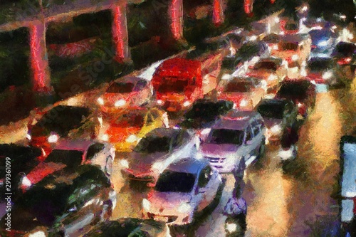 Quadro su tela Road landscape in traffic jam Illustrations creates an impressionist style of painting