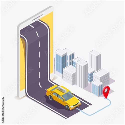 Taxi service mobile application, vector flat isometric illustration