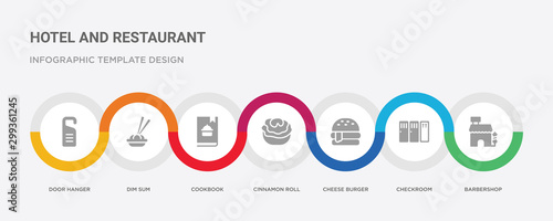 7 filled icon set with colorful infographic template included barbershop, checkroom, cheese burger, cinnamon roll, cookbook, dim sum, door hanger icons