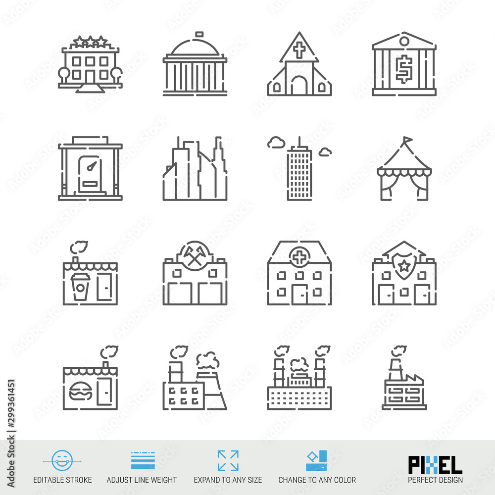 Buildings for various purposes related vector line icon set