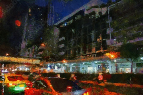 Road landscape in traffic jam Illustrations creates an impressionist style of painting.