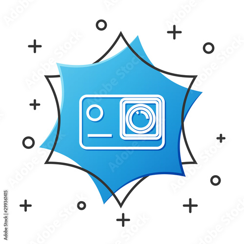 White line Action extreme camera icon isolated on white background. Video camera equipment for filming extreme sports. Blue hexagon button. Vector Illustration