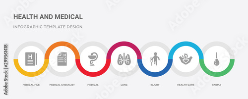7 filled icon set with colorful infographic template included enema, health care, injury, lung, medical, medical checklist, medical file icons
