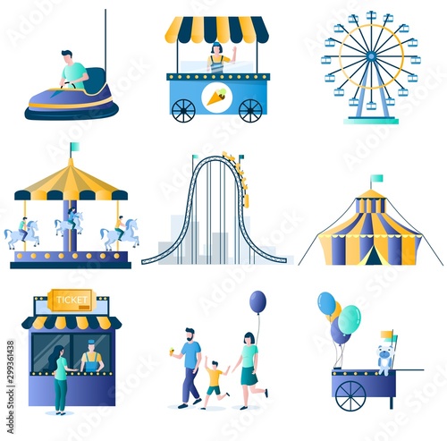 Amusement park attractions vector flat icon set