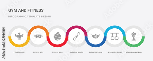 7 filled icon set with colorful infographic template included boxing mannequin, gymnastic rings, elevation mask, exercise bands, fitness ball, fitness belt, fitness body icons