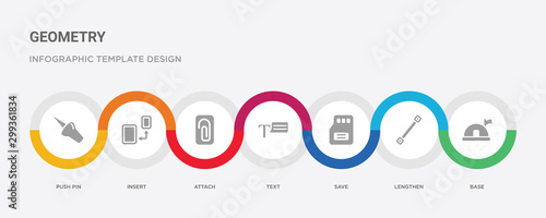 7 filled icon set with colorful infographic template included base, lengthen, save, text, attach, insert, push pin icons