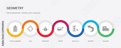 7 filled icon set with colorful infographic template included measure, reverse, select all, import, dimension, axis, paste clipboard icons