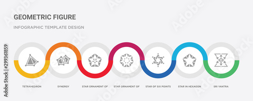 7 filled icon set with colorful infographic template included sri yantra, star in hexagon of small triangles, star of six points, star ornament of small triangles, ornament triangles, synergy,