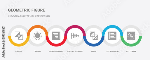 7 filled icon set with colorful infographic template included edit corner, left alignment, merge, vertical alignment, right alignment, circular, exclude icons