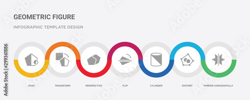 7 filled icon set with colorful infographic template included mirror horizontally, distort, cylinder, flip, perspective, transform, joint icons