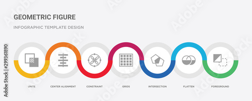 7 filled icon set with colorful infographic template included foreground, flatten, intersection, grids, constraint, center alignment, unite icons