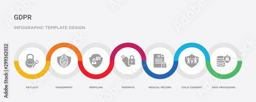 7 filled icon set with colorful infographic template included data processing, child consent, medical record, pendrive, profiling, fingerprint, keylock icons