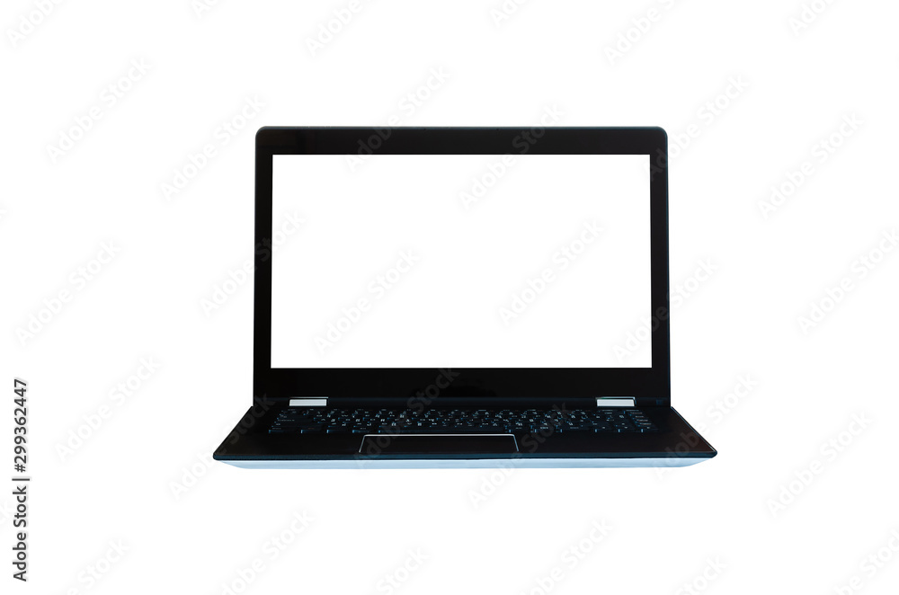 personal computer laptop isolated white background with clipping path open front empty white screen advertising mock up display. personal computer laptop isolated white background with clipping path open front empty white screen advertising mock up display.