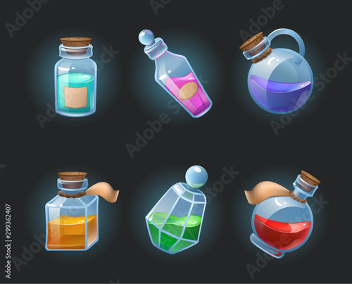 Set of six magic colourful potion vector bottles, icons for rpg, fantasy, cartoon, casual games