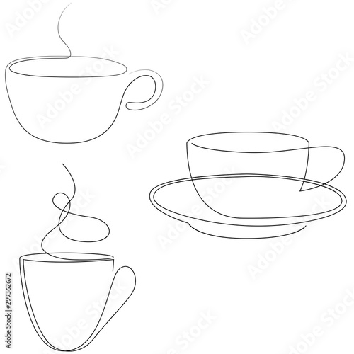 Teacup continuous line. One line tea cup. Vector illustration set.