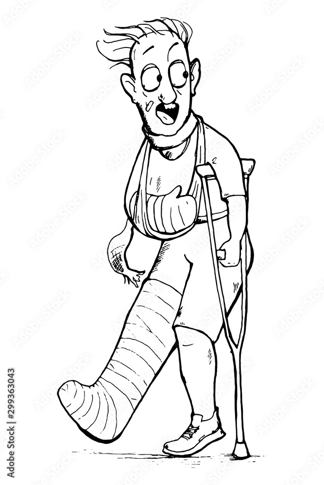 Scared man with broken leg and arm trying to run away. Cartoon character.  Vector illustration Stock Vector | Adobe Stock