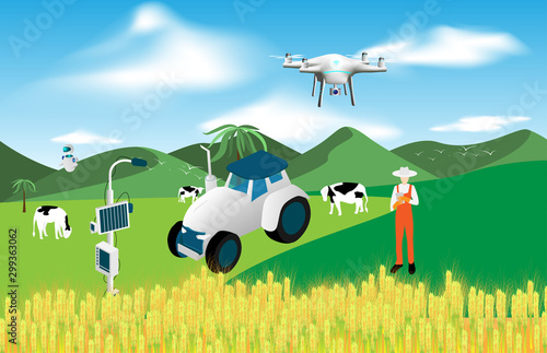 Modern agriculture technology. Smart farming concept. Human with wireless remote control working on farm. Vector illustration in isometric design.