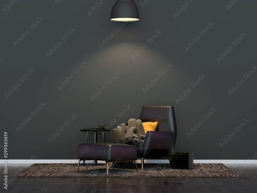 A lamp hangs above the armchair - obrazy, fototapety, plakaty 