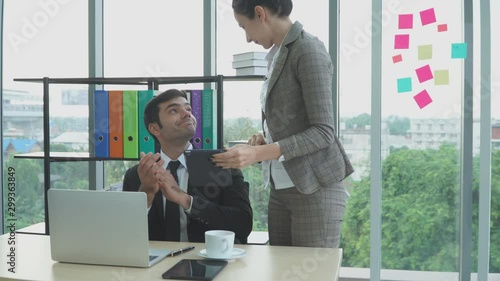 The young manager received good news from his secretary. And he congratulated and also appreciated her.