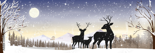 Vector winter wonderland night, Panorama winter landscape with falling snow, reindeers family walking in forest pine tree, Christmas scene for Holiday and Happy new year background in pastel tone