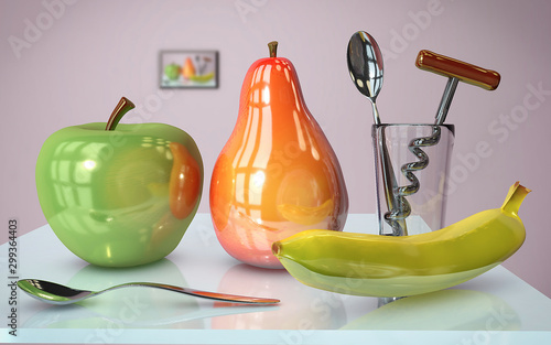 3d illustration of apple banana in glass and pear creative still life on glass table with spoon corkscrew picture in pink kitchen interior photo