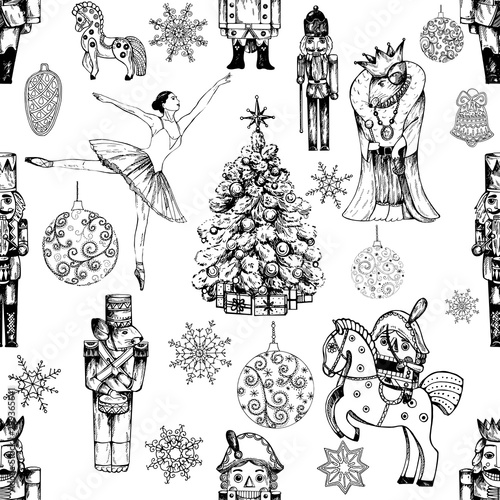 Seamless pattern of hand drawn sketch style characters and different objects related to The Nutcracker fairy tale isolated on white background. Vector illustration.