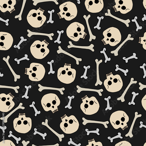 Pattern skull bones black in abstract style on black background. Halloween symbol. Vintage fashion. Vector abstract background. Retro style illustration. Cartoon vector illustration. © Anastasia