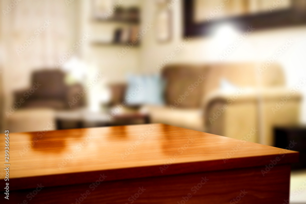 Wooden corner table background of free space for your decoration and blurred home interior Wooden corner table background of free space for your decoration and blurred home interior
