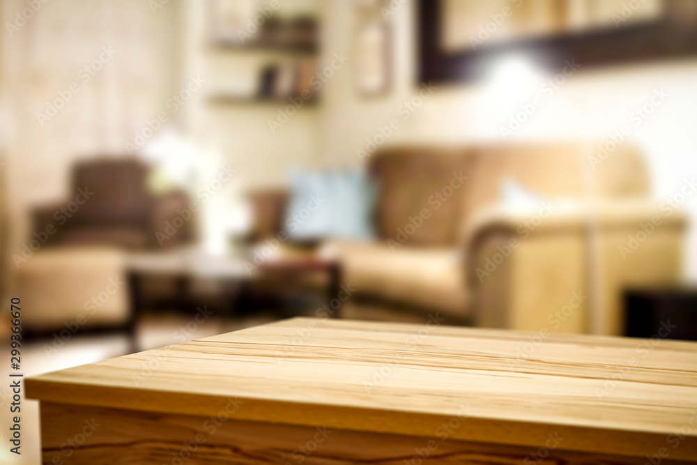 Wooden corner table background of free space for your decoration and blurred home interior  - obrazy, fototapety, plakaty 