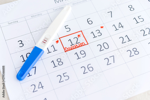 Positive pregnancy test with circling date in calendar. Planning of pregnancy, trying to have baby.