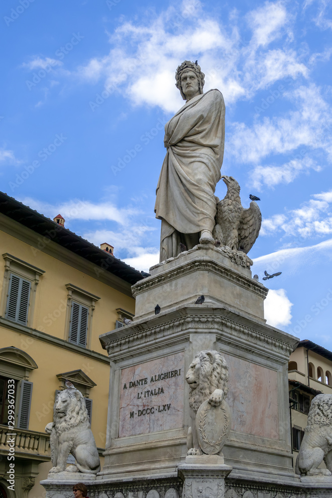 FLORENCE, TUSCANY/ITALY - OCTOBER 19 : Monument to Dante Alighieri at Piazza Santa Croce in Florence on October 19, 2019